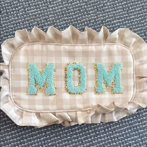 Beige Checkered Ruffle Pouch with Gold Zipper